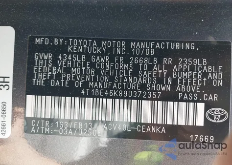 2009 Toyota Camry Le from USA, damaged, VIN 4T1BE46K89U372357